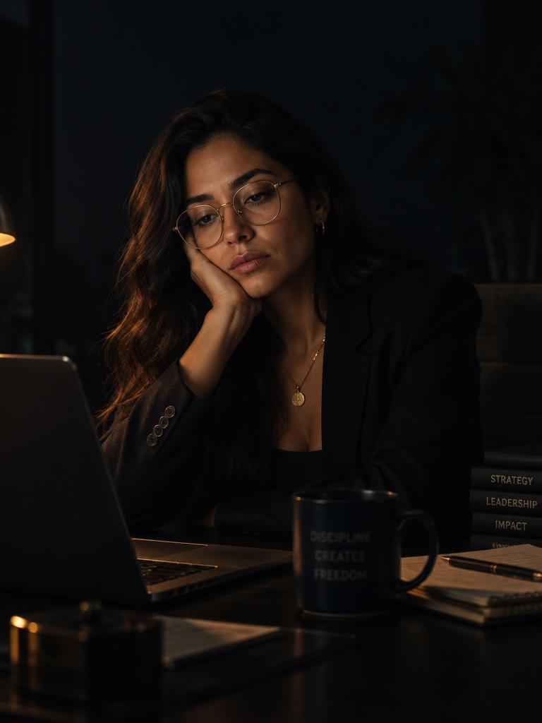 Stephanny Oberto pensativa frente a su computadora
